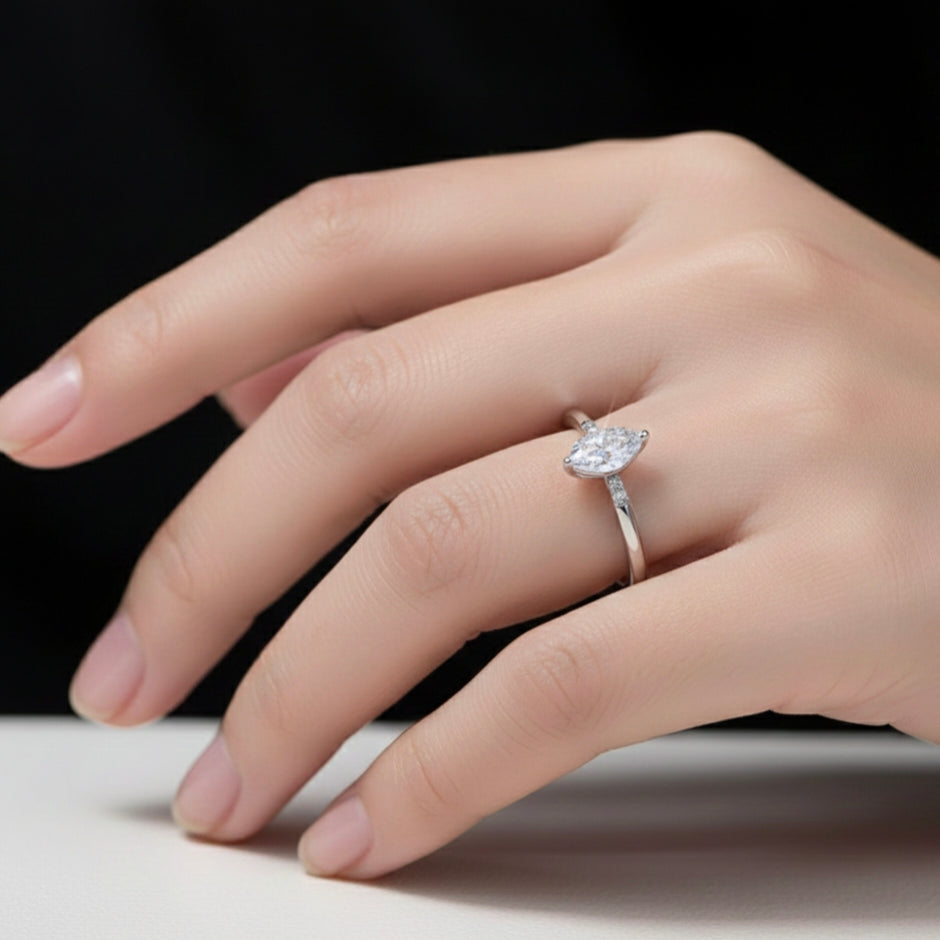 2.00 CT Pear Shape Diamond Silver Solitaire Ring with Side Diamonds