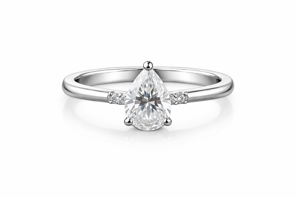 2.00 CT Pear Shape Diamond Silver Solitaire Ring with Side Diamonds