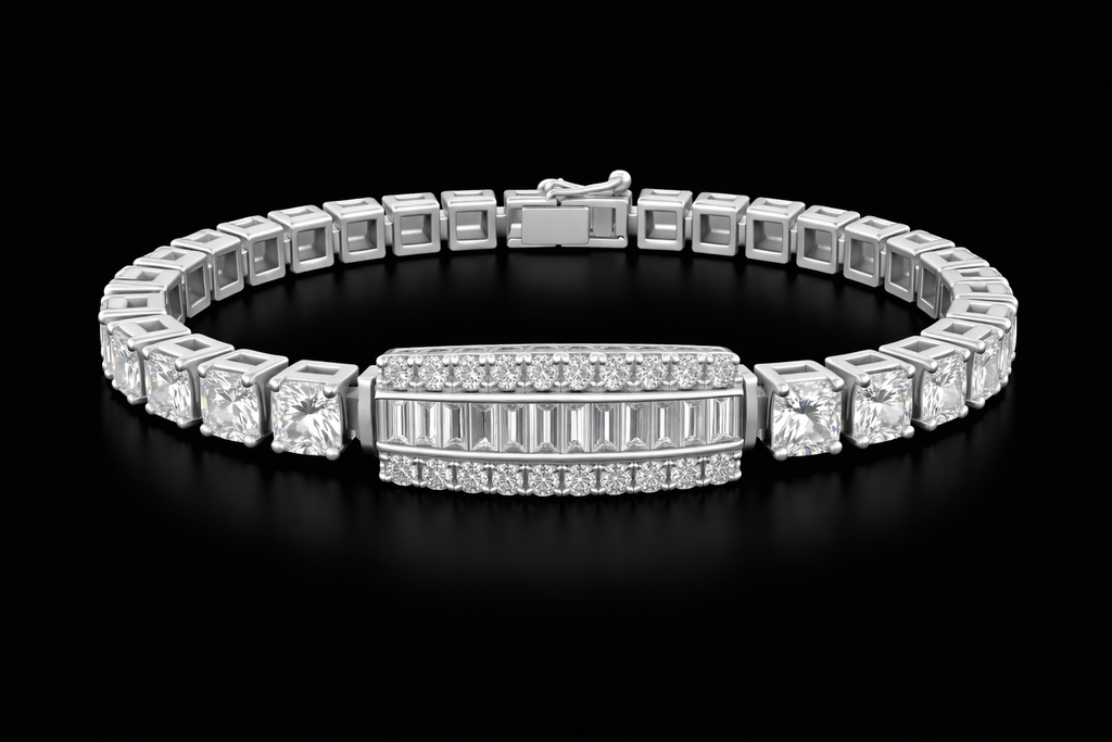 Luxury mossinate Diamond Tennis Bracelet with Central Baguette & Round Diamond Design
