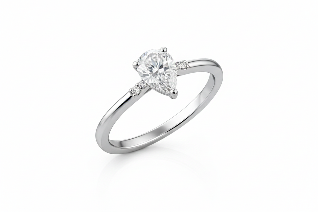 2.00 CT Pear Shape Diamond Silver Solitaire Ring with Side Diamonds