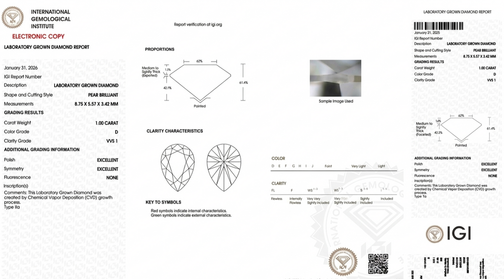 Pear shape 1.0ct, Vvs1,D  LAB Grown Diamond(CVD)