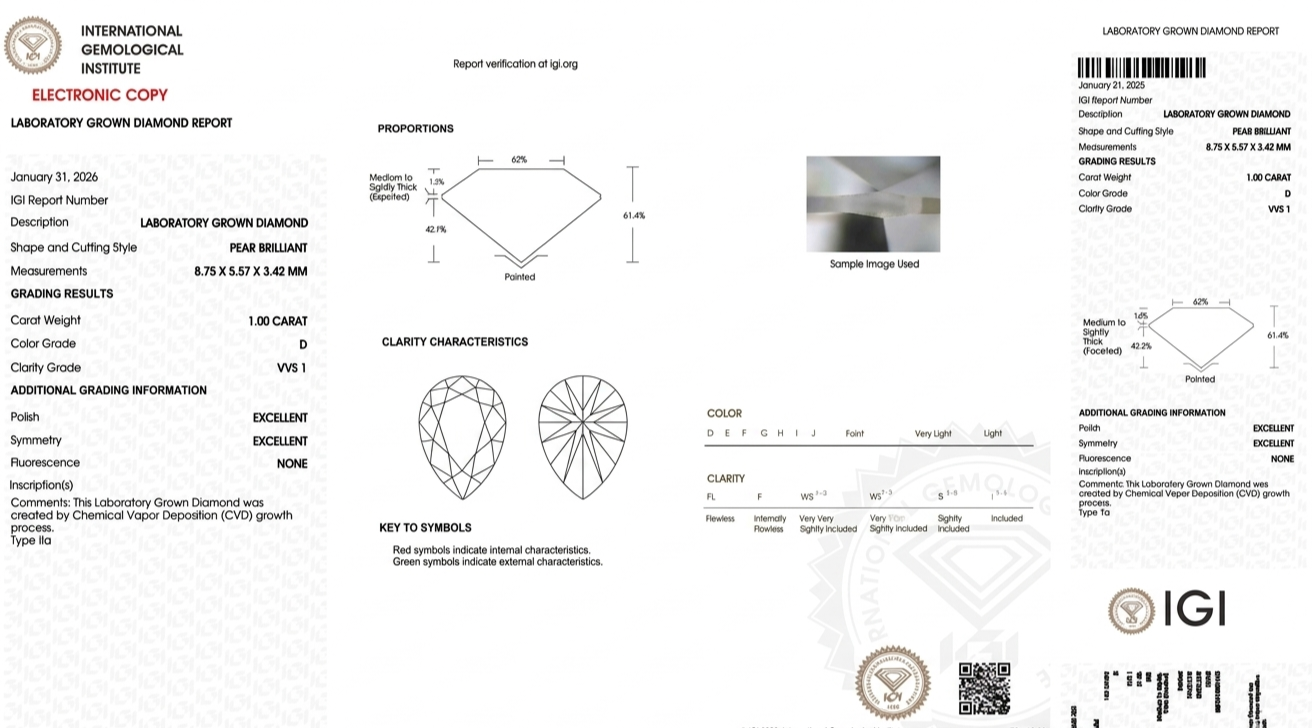Pear shape 1.0ct, Vvs1,D  LAB Grown Diamond(CVD)