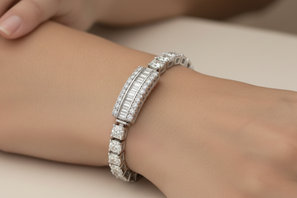 Luxury mossinate Diamond Tennis Bracelet with Central Baguette & Round Diamond Design